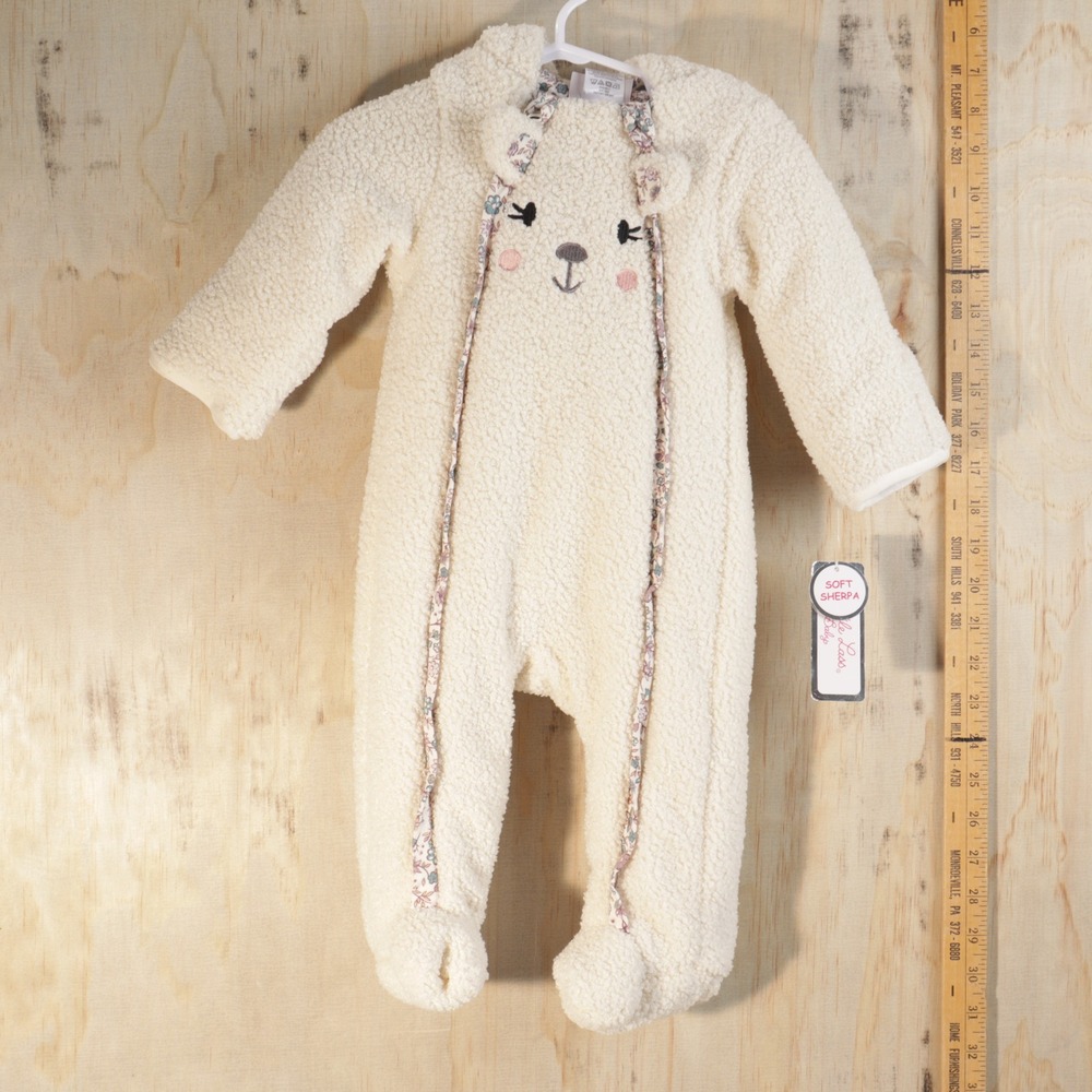 Little Lass Baby Girls White Sherpa Hooded Pram Suit Bear Face Floral Trim NWT